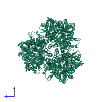 Homo trimeric assembly 1 of PDB entry 1iwg coloured by chemically distinct molecules, side view.