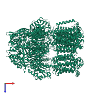 Homo trimeric assembly 1 of PDB entry 1iwg coloured by chemically distinct molecules, top view.