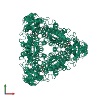 Homo hexameric assembly 1 of PDB entry 1iyd coloured by chemically distinct molecules, front view.