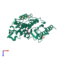 Monomeric assembly 1 of PDB entry 1iyq coloured by chemically distinct molecules, top view.