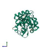 PDB entry 1iz0 coloured by chain, side view.