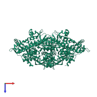 Homo tetrameric assembly 1 of PDB entry 1iz1 coloured by chemically distinct molecules, top view.