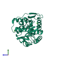 PDB entry 1iz7 coloured by chain, side view.