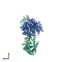 PDB entry 1izo coloured by chain, side view.