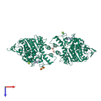 Homo dimeric assembly 1 of PDB entry 1j07 coloured by chemically distinct molecules, top view.