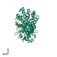Monomeric assembly 1 of PDB entry 1j10 coloured by chemically distinct molecules, side view.