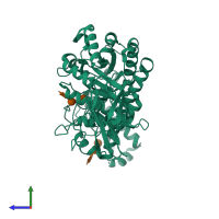 Monomeric assembly 2 of PDB entry 1j10 coloured by chemically distinct molecules, side view.