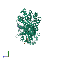 Monomeric assembly 3 of PDB entry 1j10 coloured by chemically distinct molecules, side view.