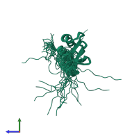 PDB entry 1j26 coloured by chain, ensemble of 20 models, side view.