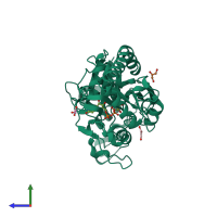 PDB entry 1j39 coloured by chain, side view.