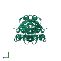 Homo dimeric assembly 2 of PDB entry 1j42 coloured by chemically distinct molecules, side view.