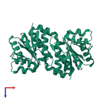 Homo dimeric assembly 2 of PDB entry 1j42 coloured by chemically distinct molecules, top view.