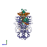 Hetero hexameric assembly 1 of PDB entry 1j59 coloured by chemically distinct molecules, side view.