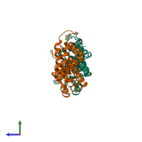PDB entry 1jbo coloured by chain, side view.
