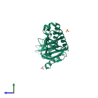 PDB entry 1je6 coloured by chain, side view.