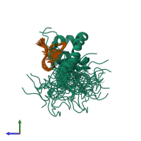 PDB entry 1jgn coloured by chain, ensemble of 30 models, side view.