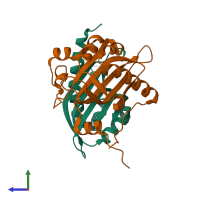 PDB entry 1jkg coloured by chain, side view.