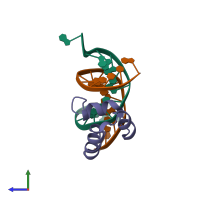 PDB entry 1jkq coloured by chain, side view.