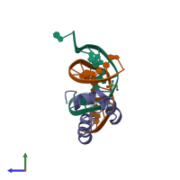 PDB entry 1jkr coloured by chain, side view.