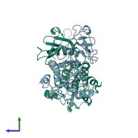 PDB entry 1jkt coloured by chain, side view.