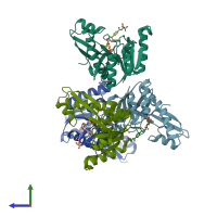 PDB entry 1jkx coloured by chain, side view.
