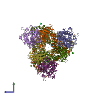 PDB entry 1jmu coloured by chain, side view.