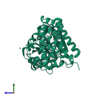 PDB entry 1jpu coloured by chain, side view.