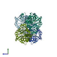 PDB entry 1jq3 coloured by chain, side view.