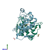 PDB entry 1jq9 coloured by chain, side view.