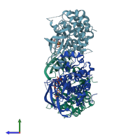 PDB entry 1jqh coloured by chain, side view.