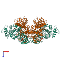 Hetero tetrameric assembly 1 of PDB entry 1jst coloured by chemically distinct molecules, top view.