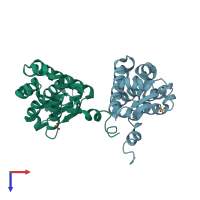 PDB entry 1jtn coloured by chain, top view.