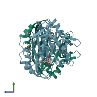 PDB entry 1jtq coloured by chain, side view.
