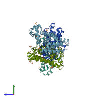 PDB entry 1jum coloured by chain, side view.