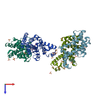 PDB entry 1jup coloured by chain, top view.