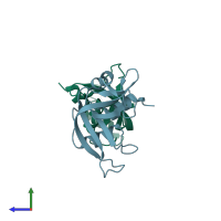 PDB entry 1jvt coloured by chain, side view.