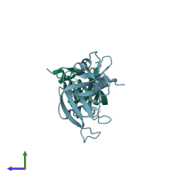 PDB entry 1jvu coloured by chain, side view.