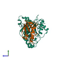 PDB entry 1jw9 coloured by chain, side view.