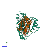 PDB entry 1jwa coloured by chain, side view.