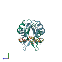 PDB entry 1jyq coloured by chain, side view.