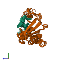 PDB entry 1k1g coloured by chain, ensemble of 10 models, side view.