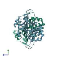 PDB entry 1k38 coloured by chain, side view.