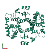 Homo dimeric assembly 1 of PDB entry 1k3o coloured by chemically distinct molecules, front view.