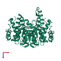 Homo dimeric assembly 1 of PDB entry 1k3o coloured by chemically distinct molecules, top view.