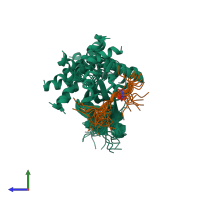 PDB entry 1k3q coloured by chain, ensemble of 20 models, side view.