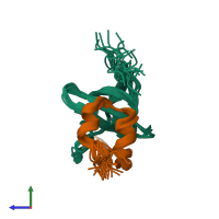 PDB entry 1k4u coloured by chain, ensemble of 22 models, side view.