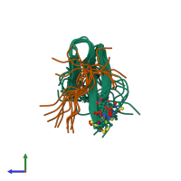 PDB entry 1k5r coloured by chain, ensemble of 10 models, side view.