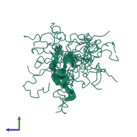 PDB entry 1k9c coloured by chain, ensemble of 20 models, side view.