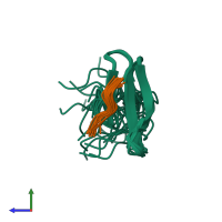 PDB entry 1k9r coloured by chain, ensemble of 20 models, side view.