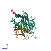 PDB entry 1kbg coloured by chain, side view.